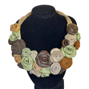 Artisan Leather Suede Floral Choker Green Brown Tan Flowers Magnetic Closure